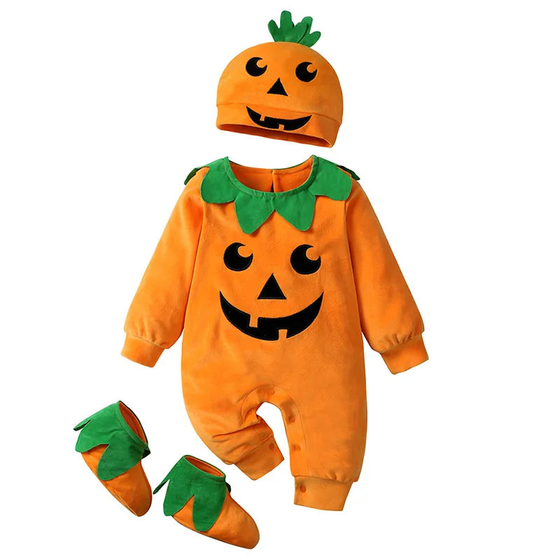 Baby Pumpkin Halloween Romper Set – 3-Piece Costume